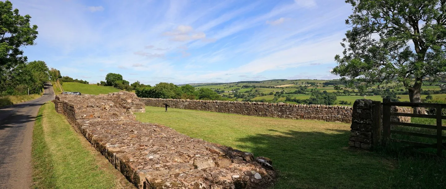 A broad stretch of Hadrian's Wall at Banks East beside a narrow lane, with a lawn, a dry-stone wall and a gate looking out over rolling countryside