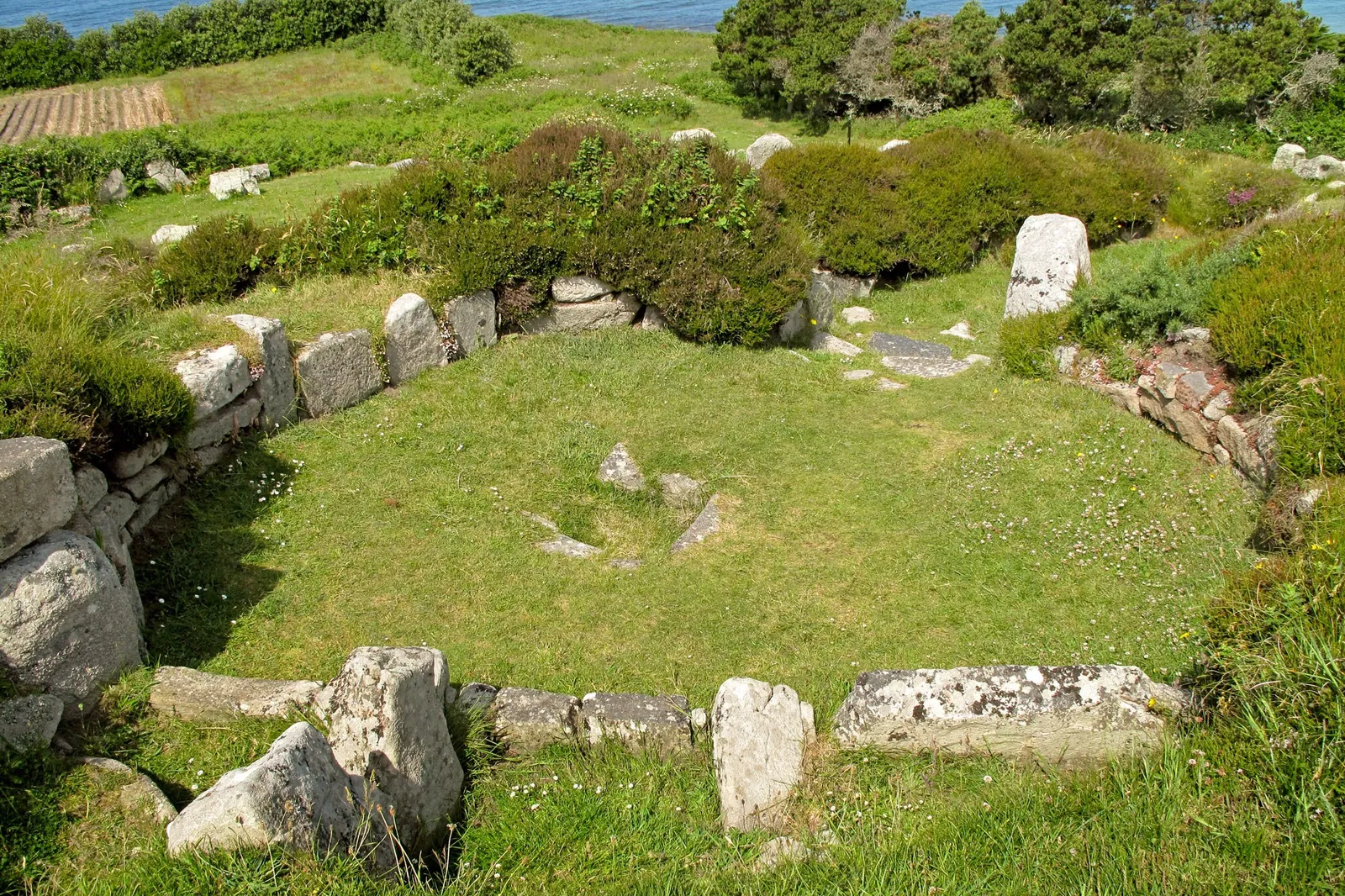 A round stone house wall at Halangy Down ancient village, grassed inside and edged with heather, with the sea behind