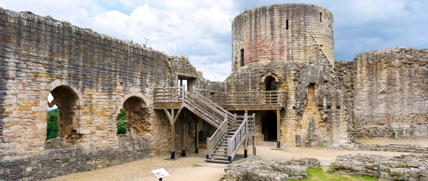 The round Balliol Tower and timber stairs in the inner ward