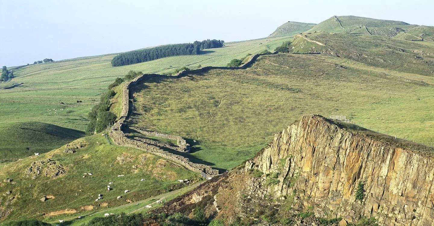 Hadrian's Wall snaking over the crags at Cawfields, with Milecastle 42 below and sheep grazing on the slopes