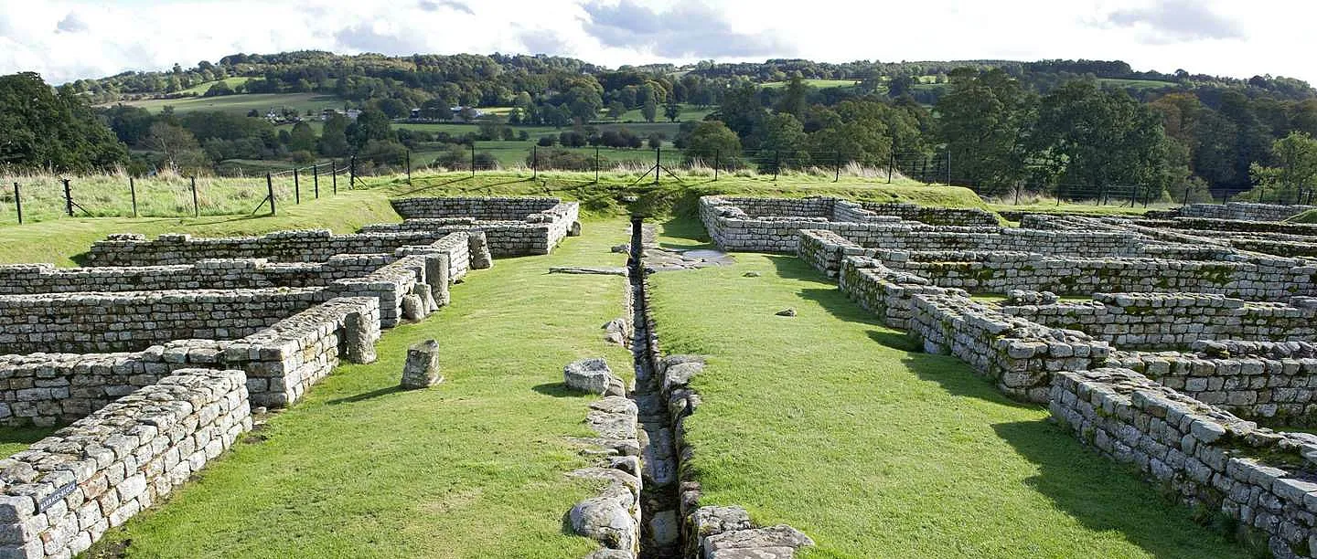 The barrack blocks of Chesters Roman fort, low stone walls in rows on the grass