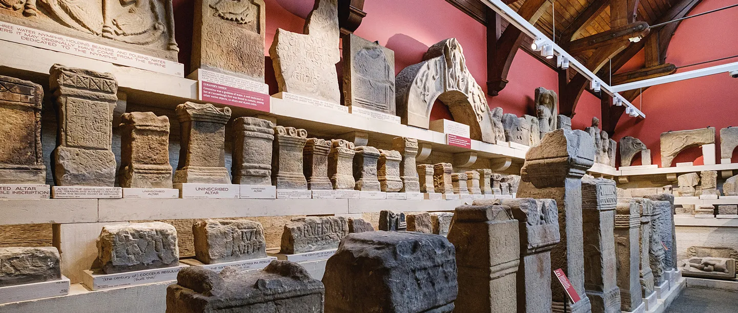Roman altars and inscribed stones on display in the Clayton Museum