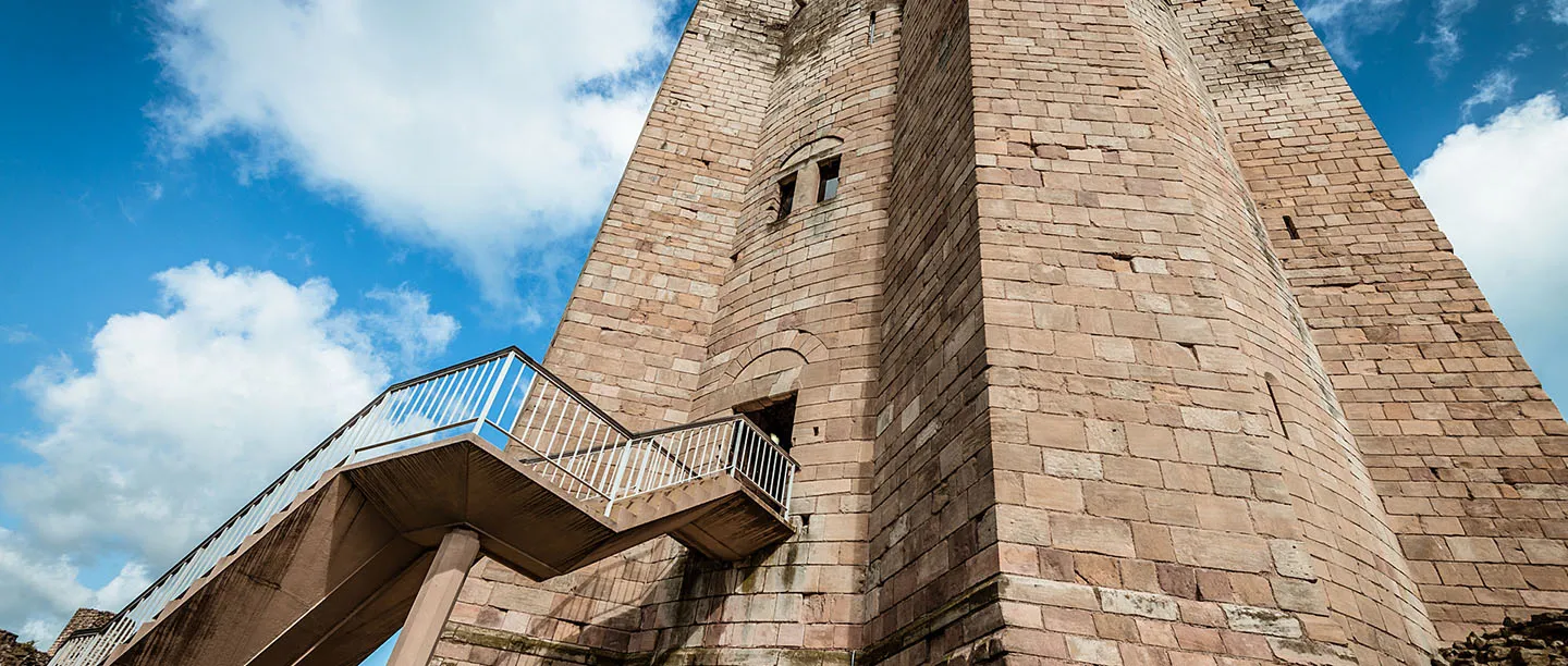 The modern stair climbing to the keep entrance, seen from below
