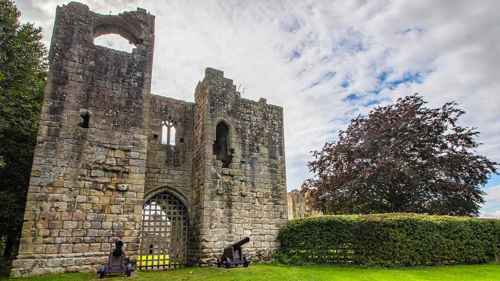 The gatehouse of Etal Castle with its iron portcullis and two cannon, beside a copper beech and hedge