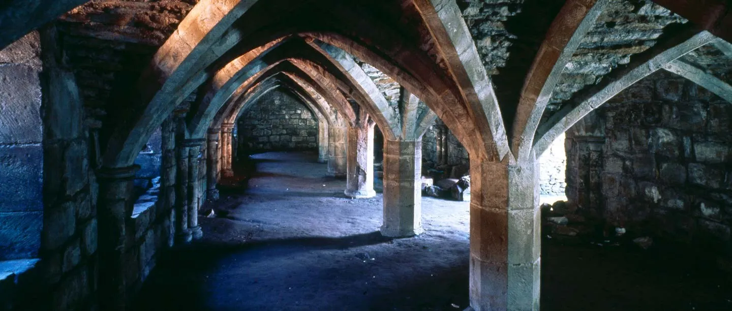 Ribbed stone vaults and pillars in the dark undercroft of the priory
