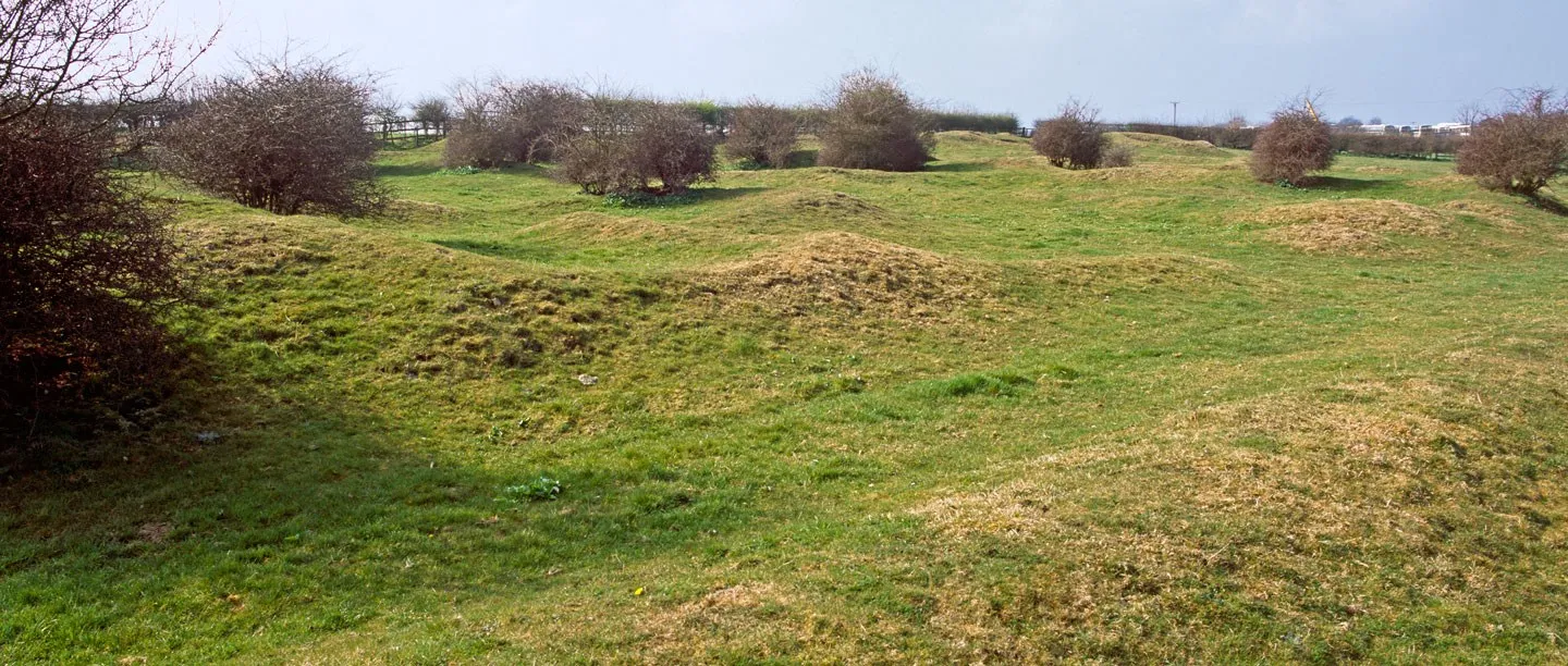 The grassy humps and hollows of Gainsthorpe deserted medieval village, dotted with hawthorn bushes under a pale sky