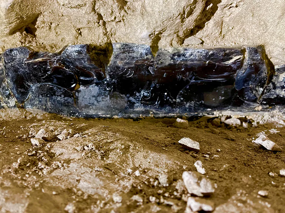 A band of glossy black floorstone flint in the chalk wall of a gallery deep inside a Grime's Graves mine shaft