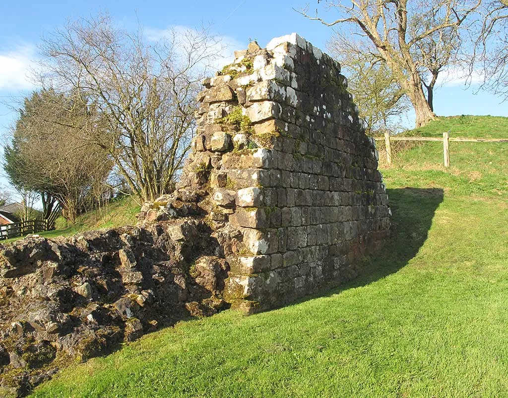 The squared stone north face of Hadrian's Wall at Hare Hill, its tall end casting a shadow on the grassy bank under bare spring trees