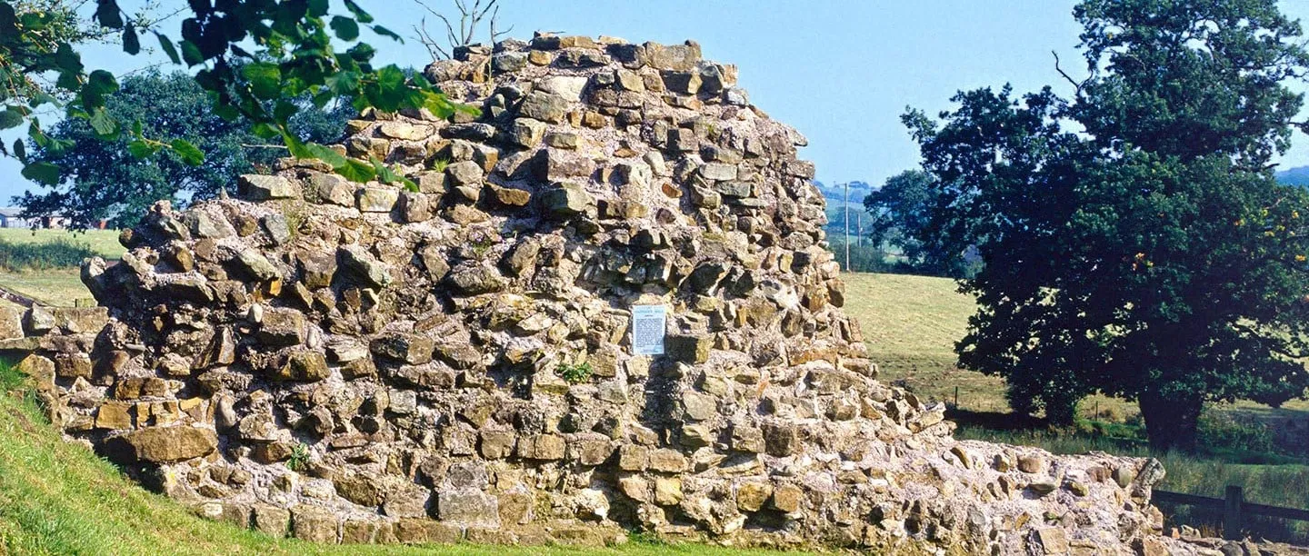 The tall rubble core of Hadrian's Wall at Hare Hill with a small plaque, between leafy trees and green fields under a blue sky