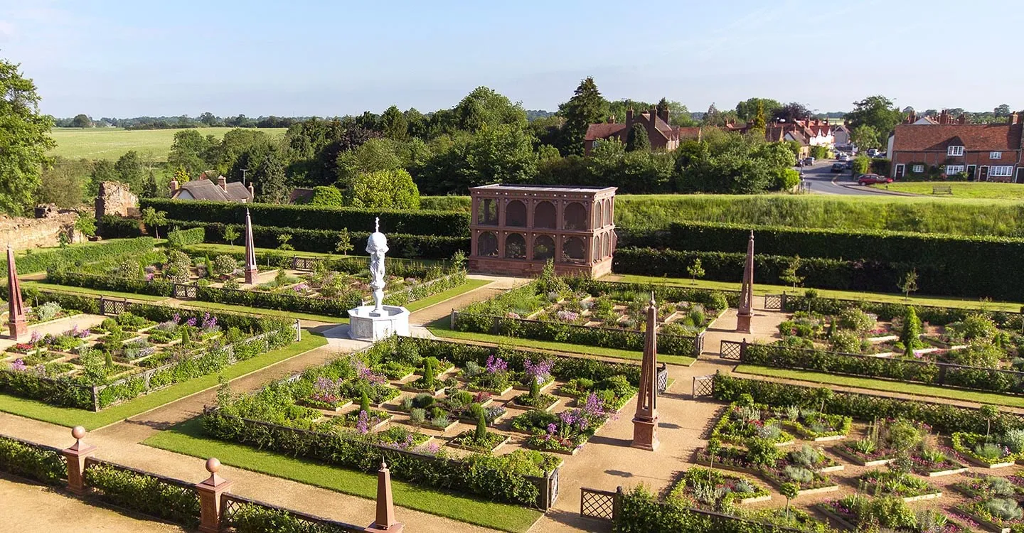 The Elizabethan garden from above, with its aviary, fountain and obelisks