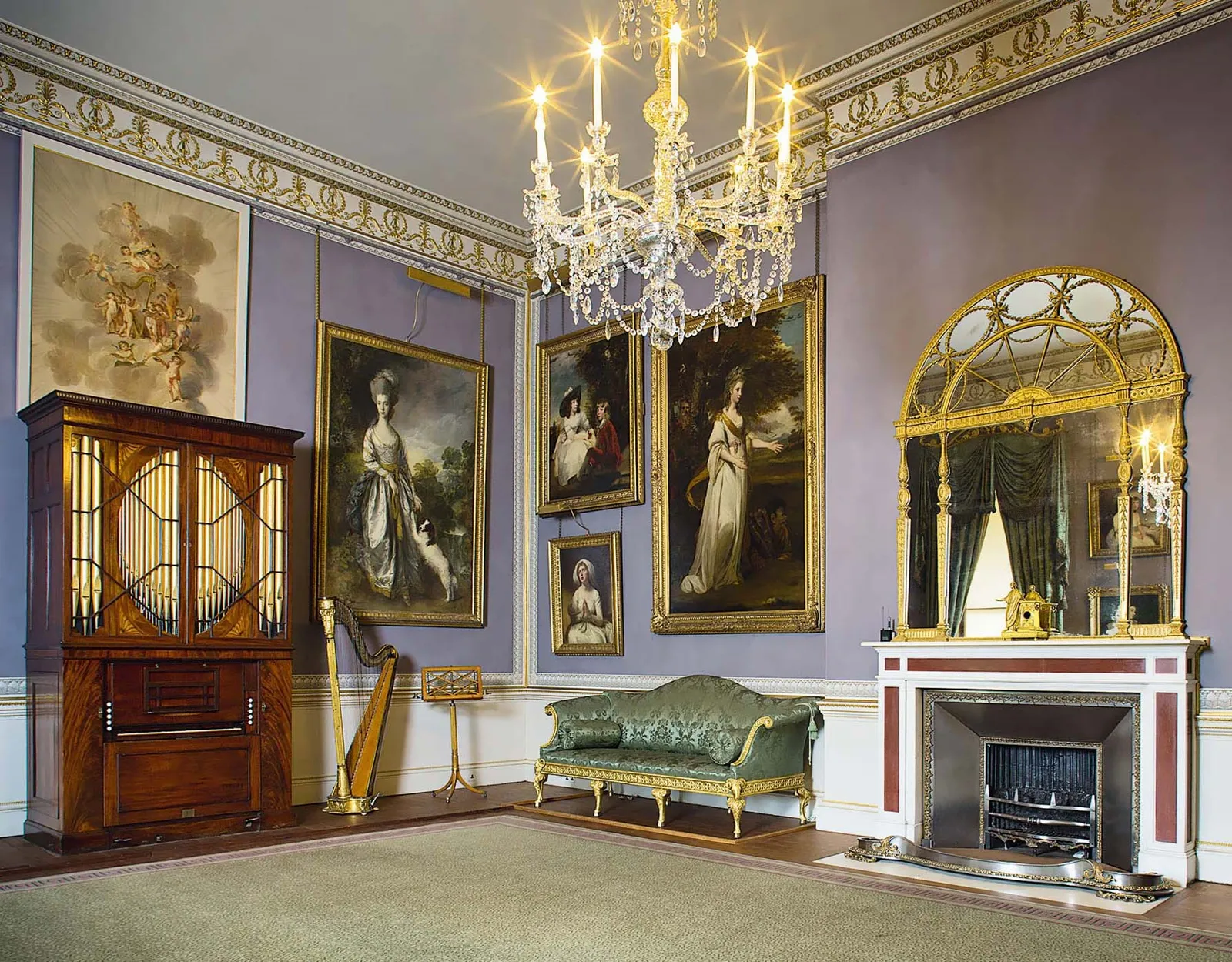 The music room with its chamber organ, harp and paintings