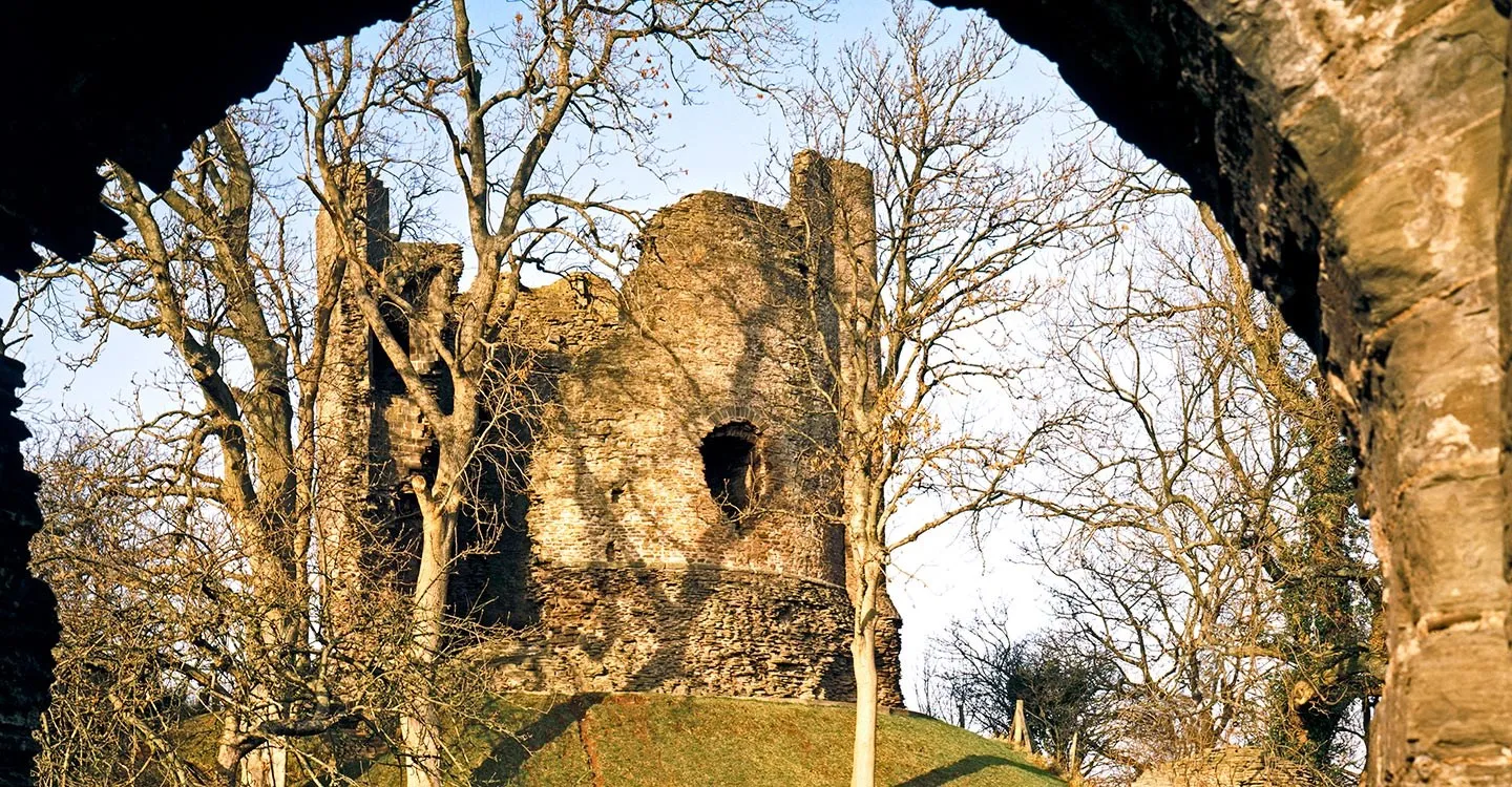 The ruined round keep of Longtown Castle in warm winter sunlight, seen through bare trees and framed by a dark stone arch