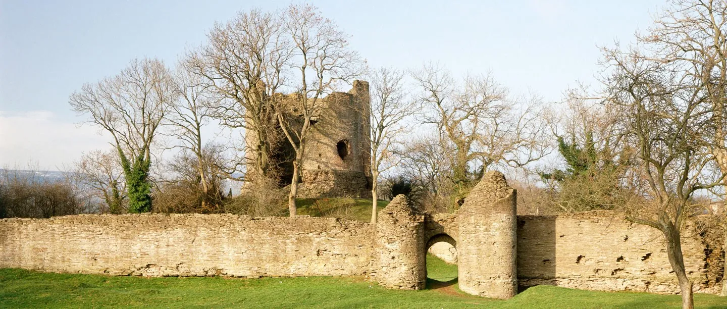 The curtain wall and round-towered gateway of Longtown Castle on a lawn, with the ruined round keep rising on its motte among bare trees