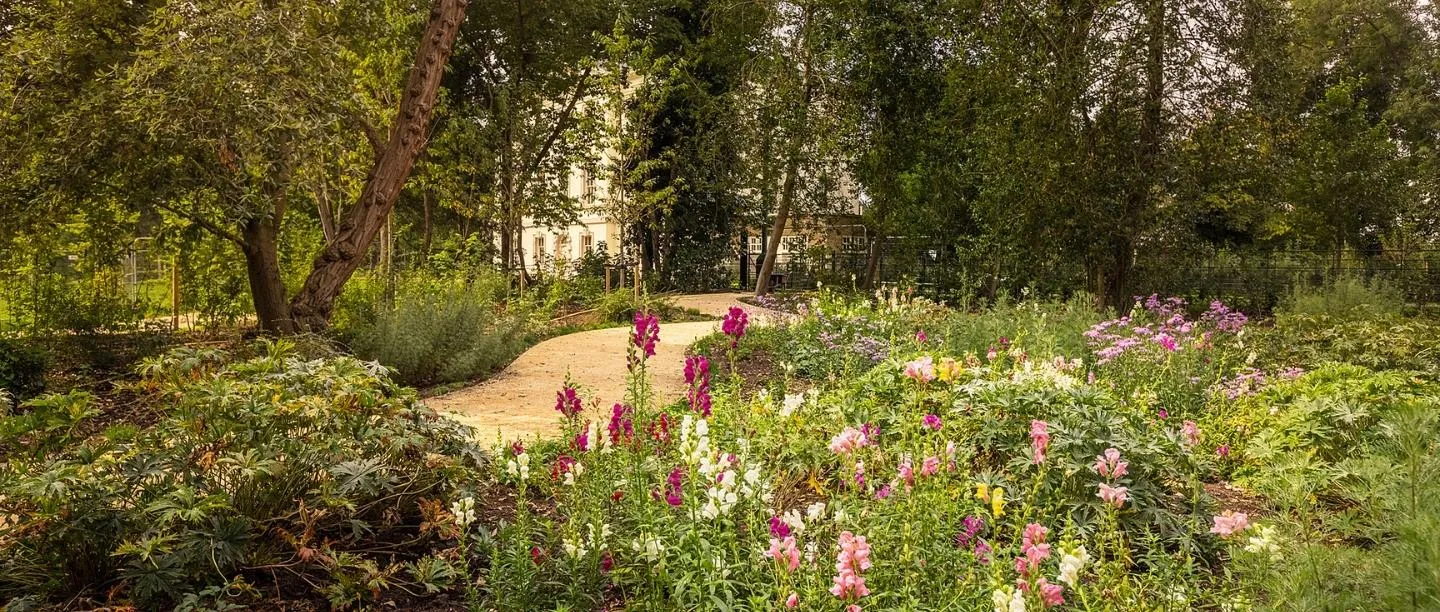 A winding gravel path through Marble Hill's flower garden, with snapdragons, ferns and the house glimpsed through trees