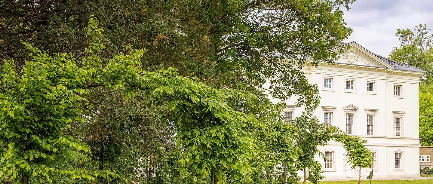 The white side of Marble Hill house seen through the green branches of trees in early summer
