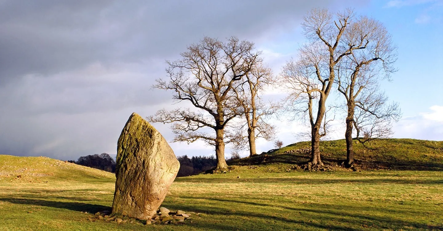 The single standing stone inside Mayburgh Henge, lit by low sun, with bare oak trees on the henge bank