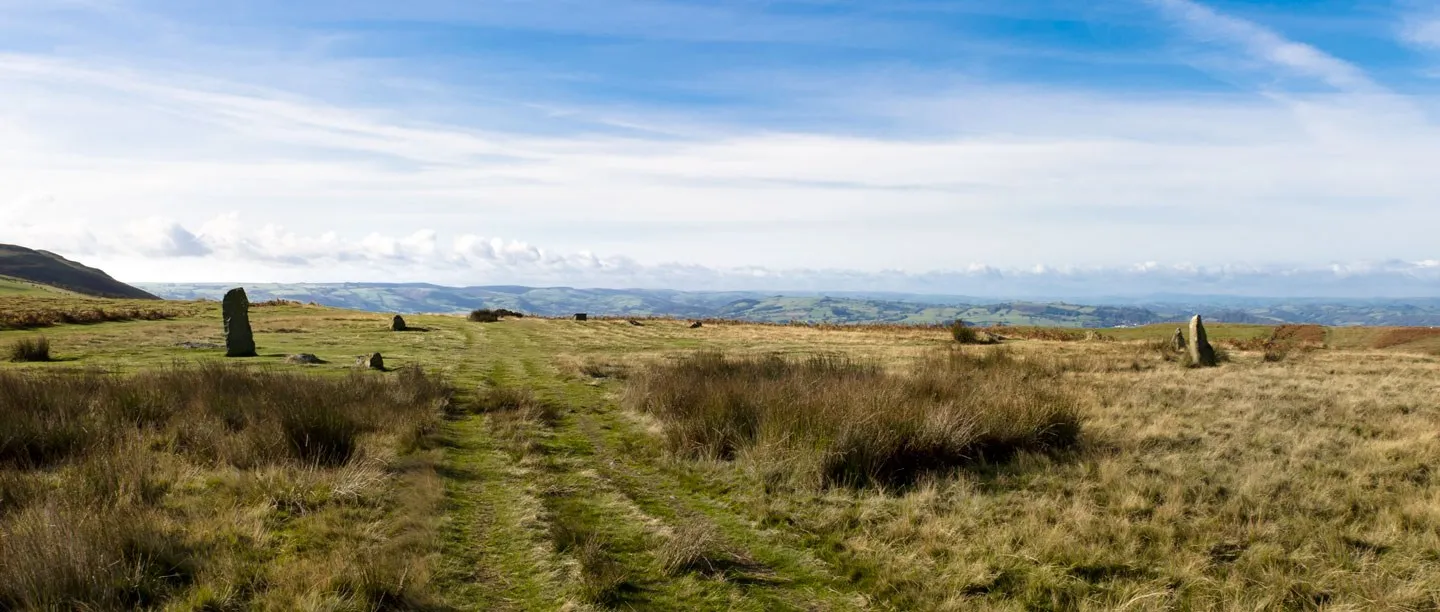 A grassy track running between the scattered stones of Mitchell's Fold on high moorland, with rolling hills to the horizon under a blue sky