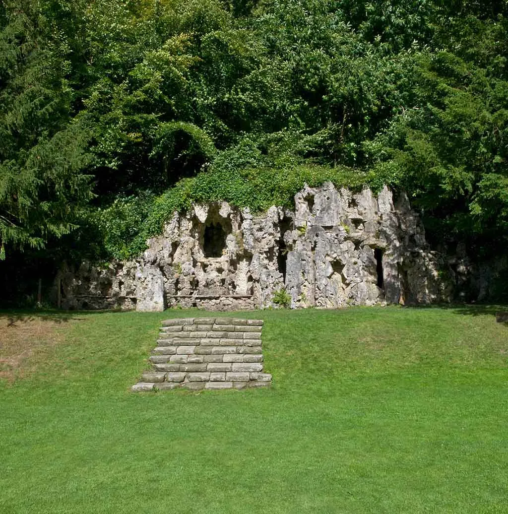 The rock grotto in the castle grounds, with stone steps set into the lawn