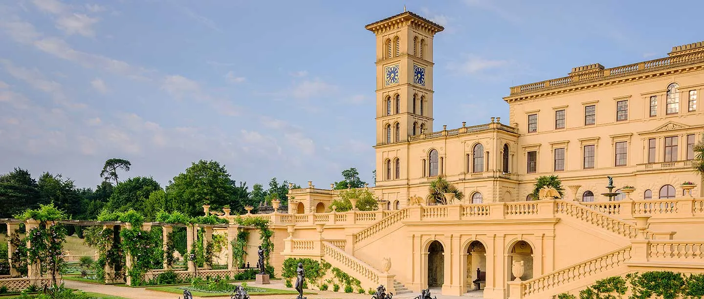 Osborne House and its clock tower above the terrace staircase and pergola