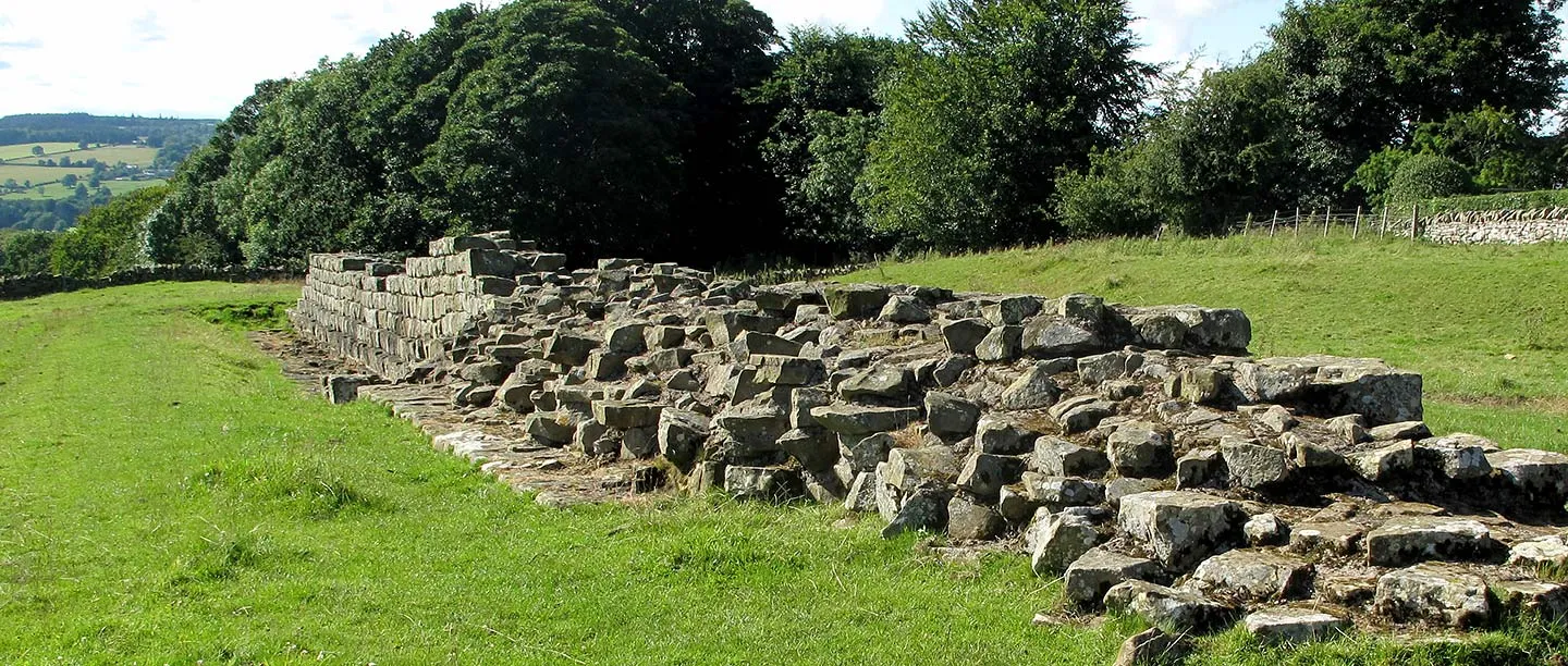 Planetrees Roman Wall, a length of Hadrian's Wall with tumbled stones beside woodland and green fields in summer