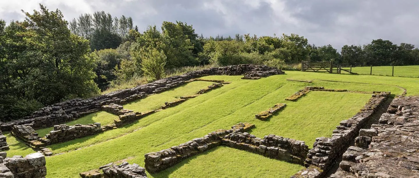 The grassy interior of Poltross Burn milecastle outlined by low stone walls, with woodland and a field gate beyond