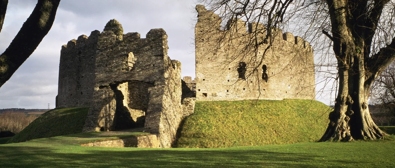 Restormel's gatehouse ruins and the battlements of the keep in low winter sun beside an old tree