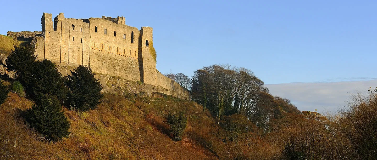 Scolland's Hall and the curtain wall high above the wooded slope in low winter sun