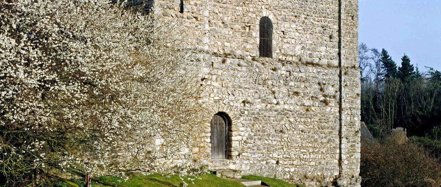 The rubble-stone wall of St Leonard's Tower in West Malling with a round-headed door and window, beside blackthorn in white blossom