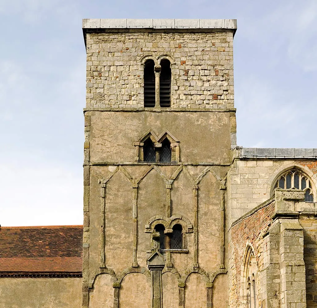 The Anglo-Saxon tower of St Peter's, Barton-upon-Humber, decorated with stone pilaster strips, triangular-headed arches and paired windows