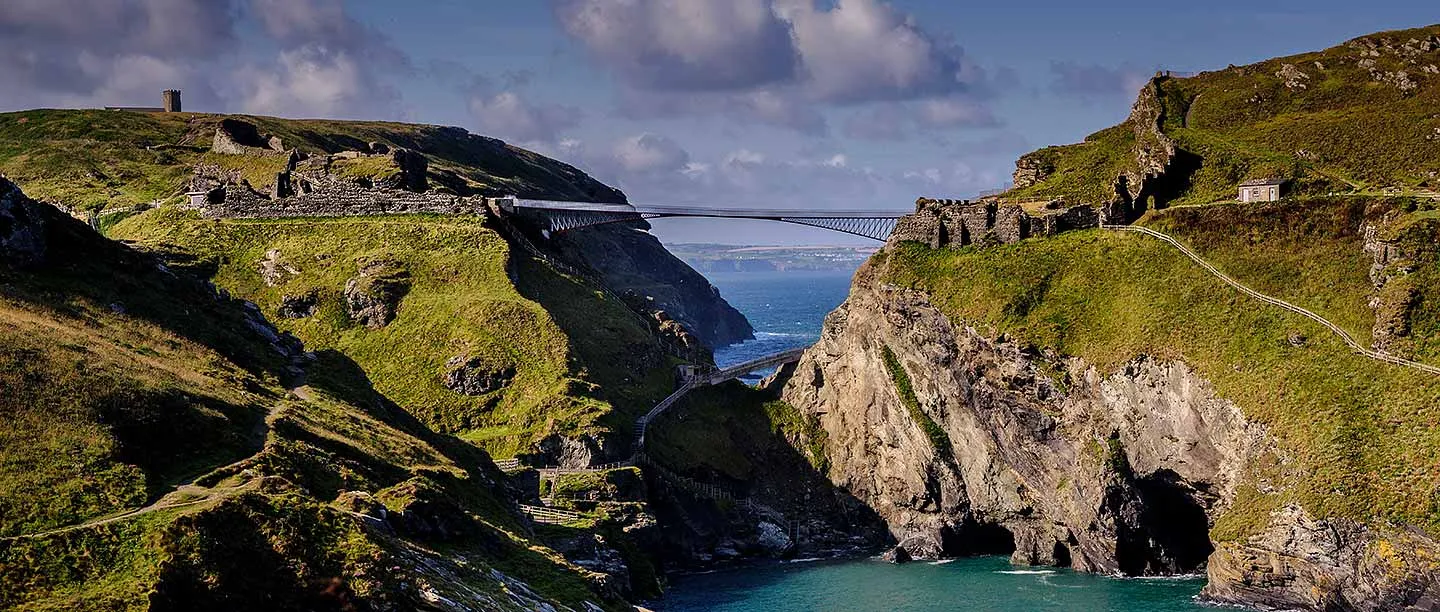 The island and mainland castle ruins joined by the footbridge across the chasm