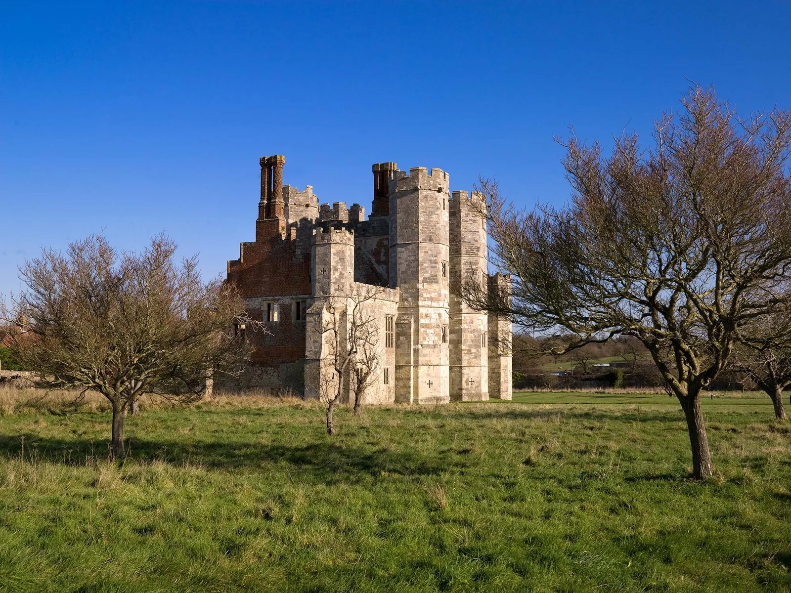Titchfield Abbey's gatehouse turrets and tall brick chimneys seen from the orchard on a clear winter day