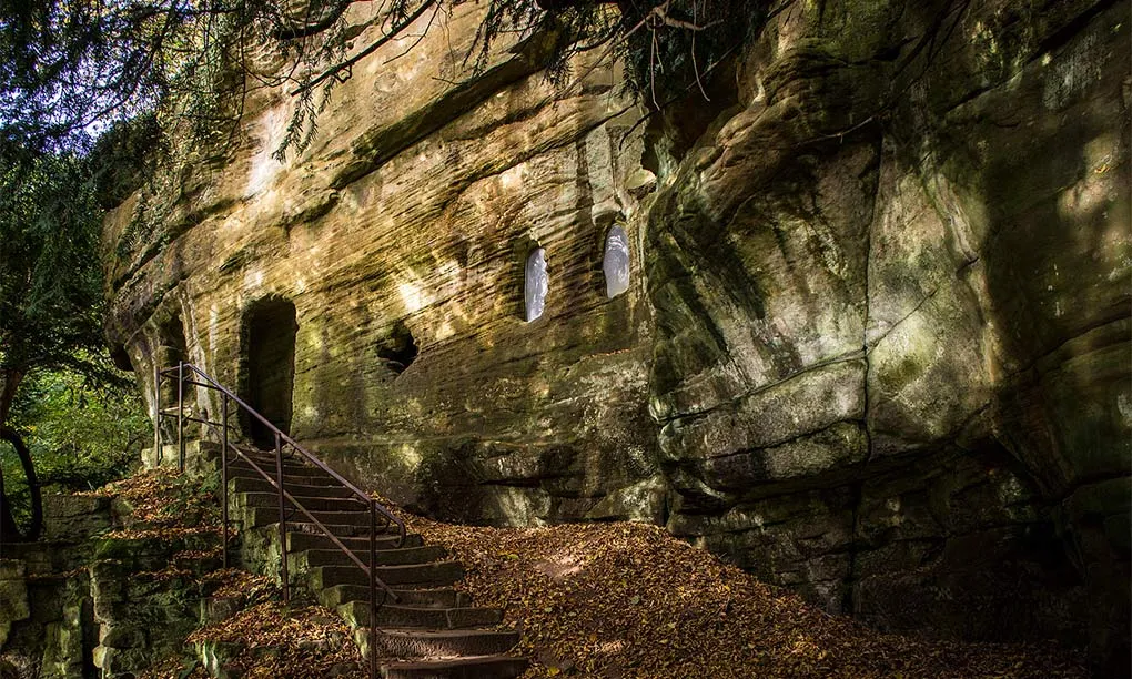 Stone steps up to the hermitage chapel, cut into the sandstone cliff above the river