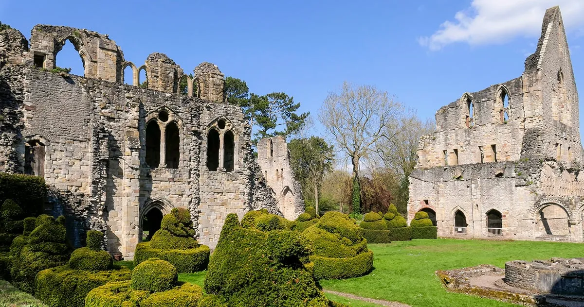 Wenlock Priory's ruined church walls and tall gable rising behind clipped topiary yews in spring sunshine