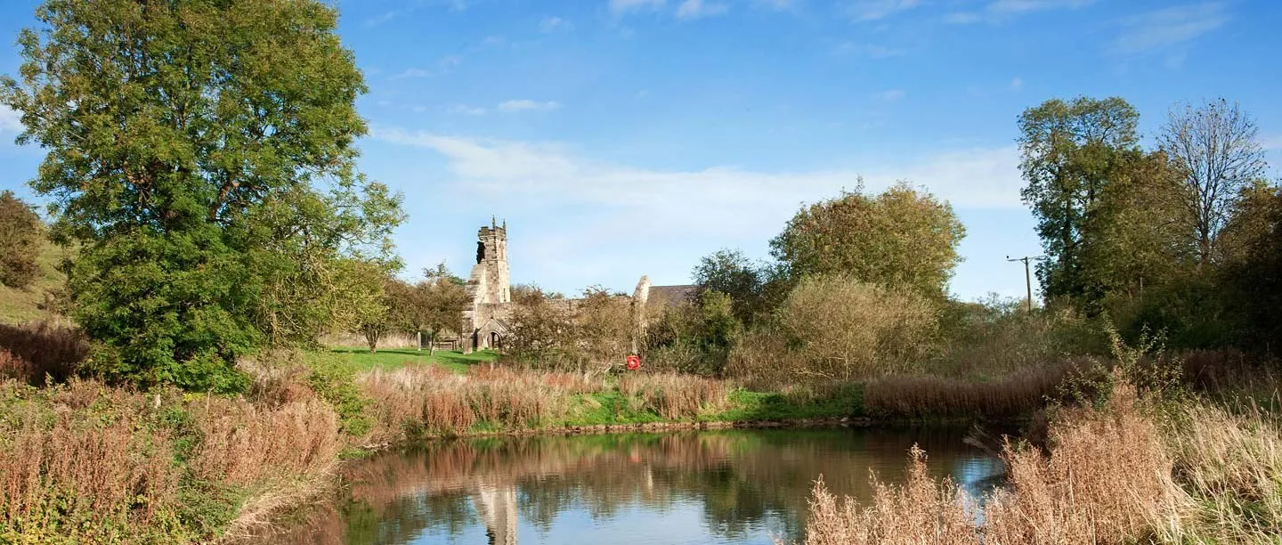 The ruined church at Wharram Percy seen across the millpond, beyond a tall ash tree and autumn reeds under a blue sky