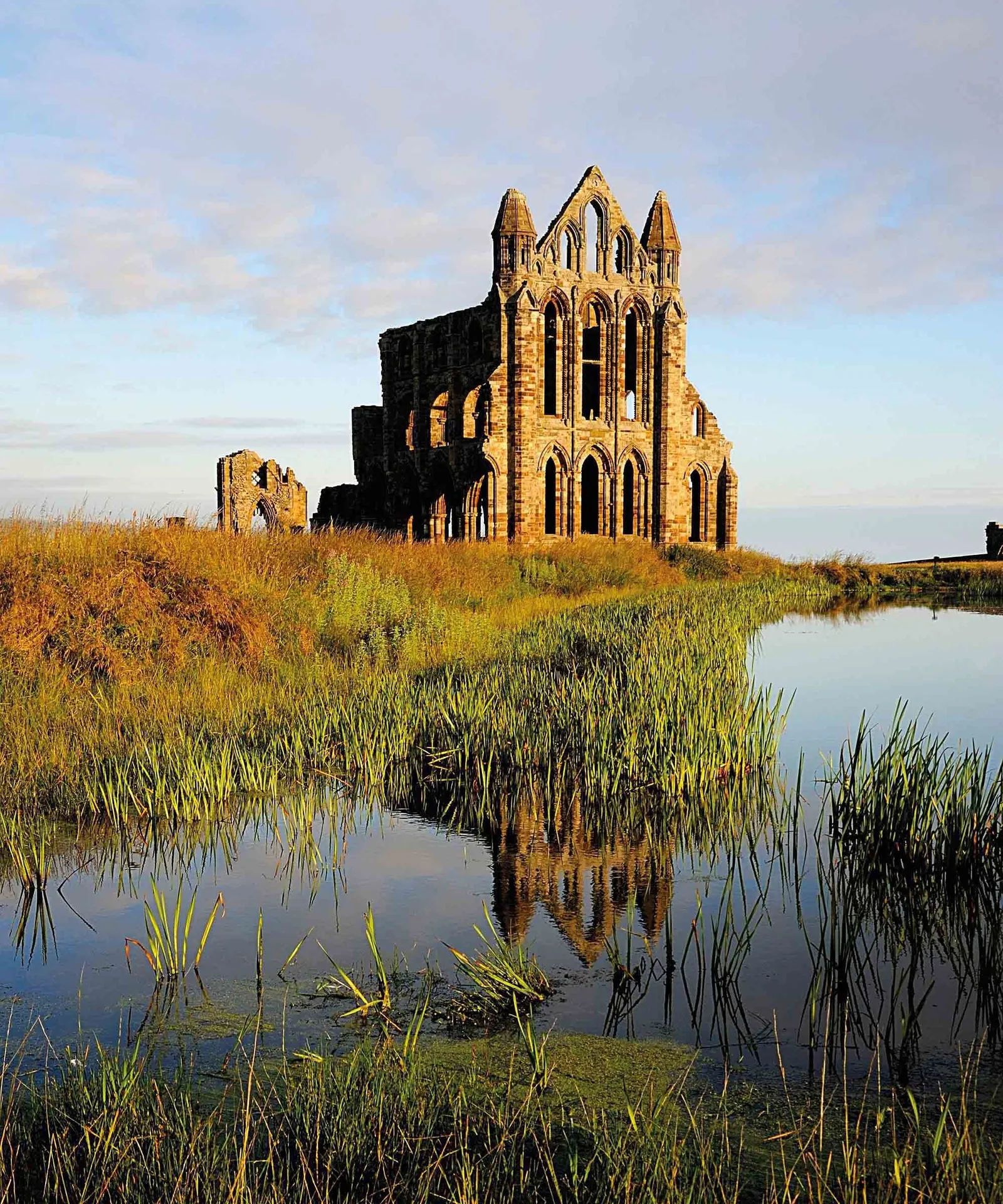 The abbey's east end reflected in the reed-fringed pond